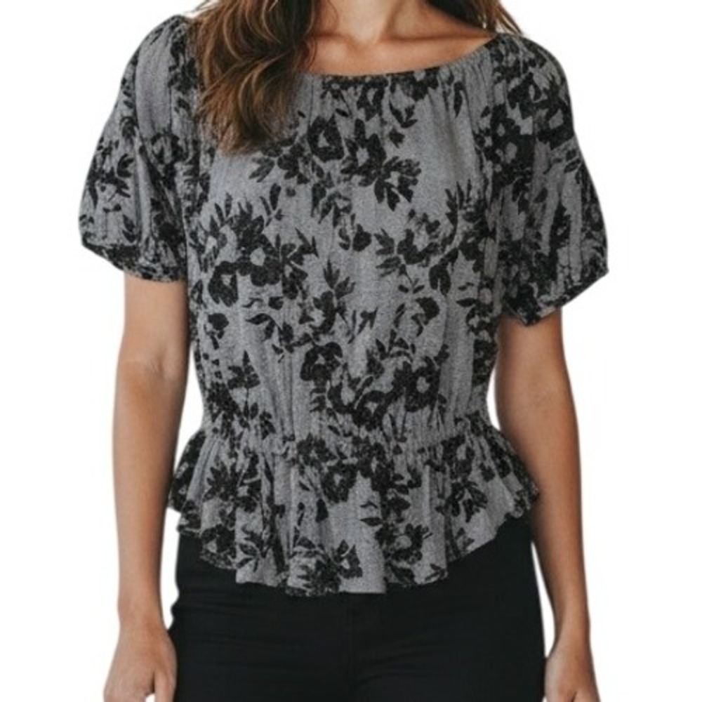 FREE PEOPLE Black and Gray Floral Peplum Hem Top Size Medium